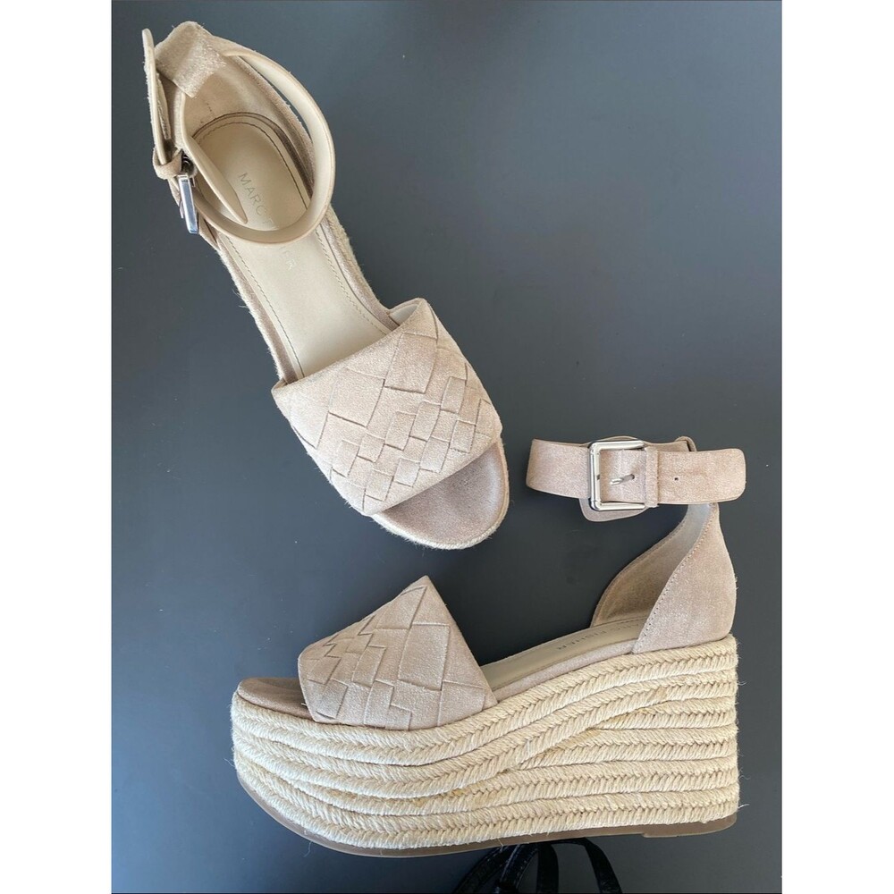Marc Fisher Taupe Woven Suede Espadrille Wedge Sandals Ankle Strap Sz 7.5 Beach